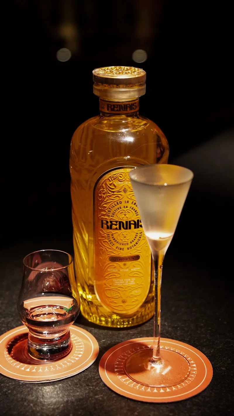Gin bottle with a tasting glass and a chilled coupe